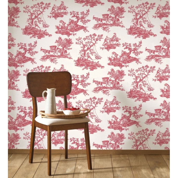 Papel pintado Toile de Jouy con escenas pastorales color rojo - Clermont Folklore 684407