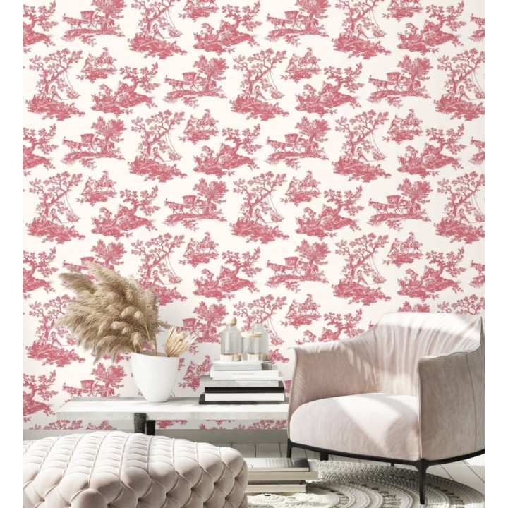 Papel pintado Toile de Jouy con escenas pastorales color rojo - Clermont Folklore 684407