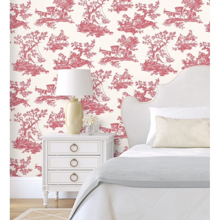 Papel pintado Toile de Jouy con escenas pastorales color rojo - Clermont Folklore 684407