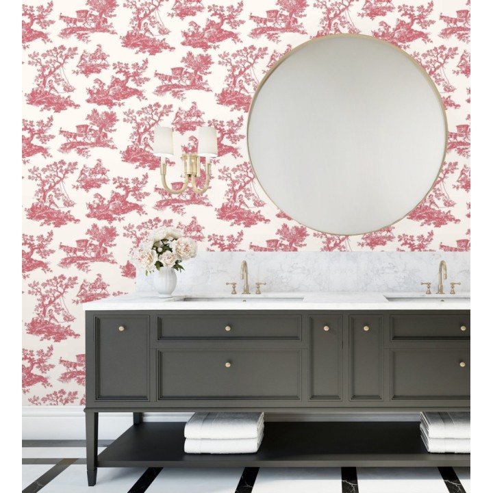 Papel pintado Toile de Jouy con escenas pastorales color rojo - Clermont Folklore 684407