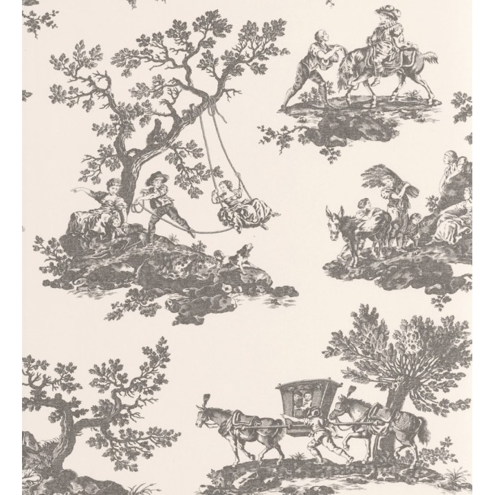 Papel pintado toile de jouy con escenas pastorales color gris carbón - Clermont Folklore 684408