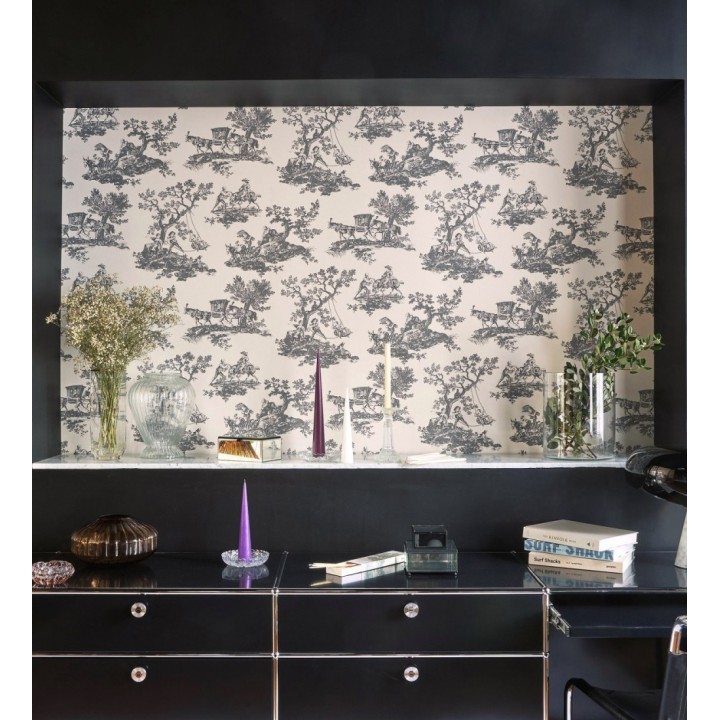 Papel pintado toile de jouy con escenas pastorales color gris carbón - Clermont Folklore 684408