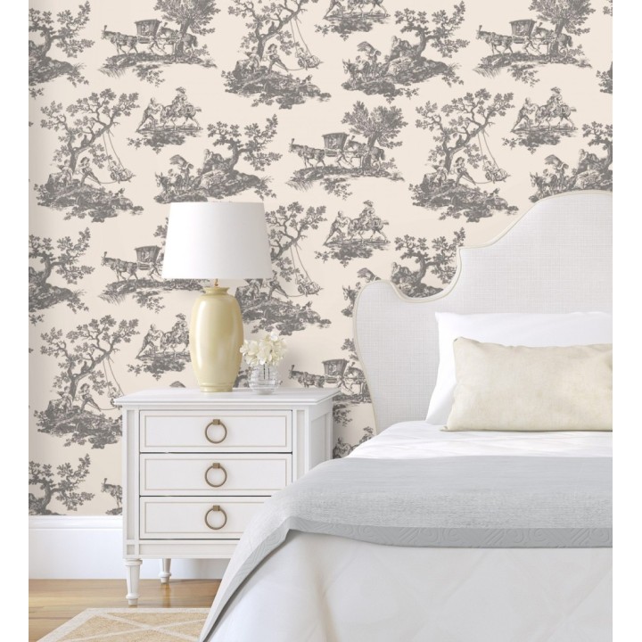 Papel pintado toile de jouy con escenas pastorales color gris carbón - Clermont Folklore 684408
