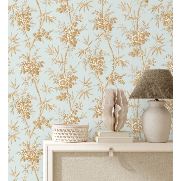 Papel pintado flores románticas provenzales fondo aguamarina - Lucien Refined 684410
