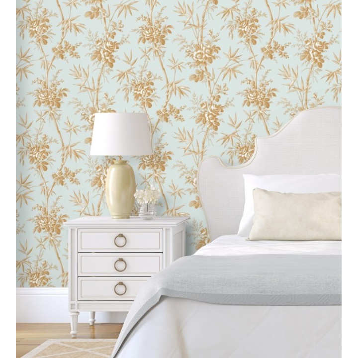 Papel pintado flores románticas provenzales fondo aguamarina - Lucien Refined 684410