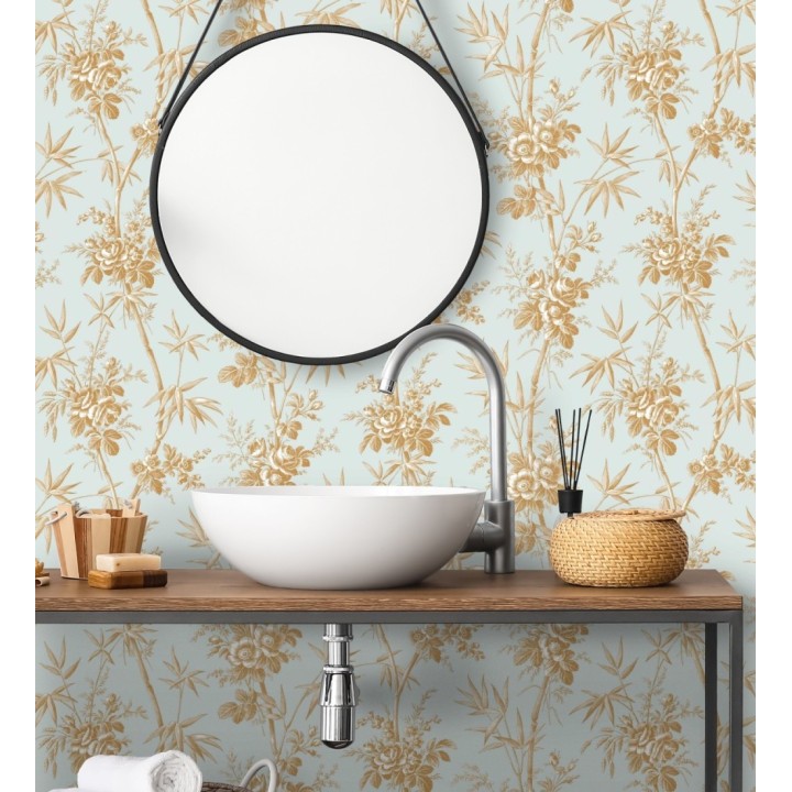 Papel pintado flores románticas provenzales fondo aguamarina - Lucien Refined 684410