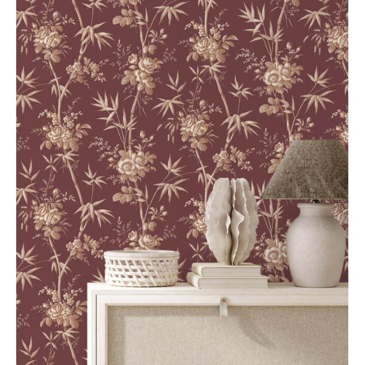 Papel pintado flores románticas provenzales fondo burdeos - Lucien Refined 684411