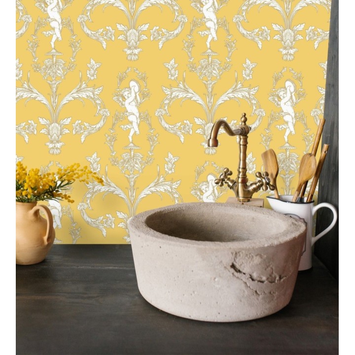Papel pintado damasco de querubines fondo amarillo mostaza - Cupid Arcadian 684414