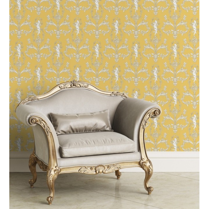 Papel pintado damasco de querubines fondo amarillo mostaza - Cupid Arcadian 684414