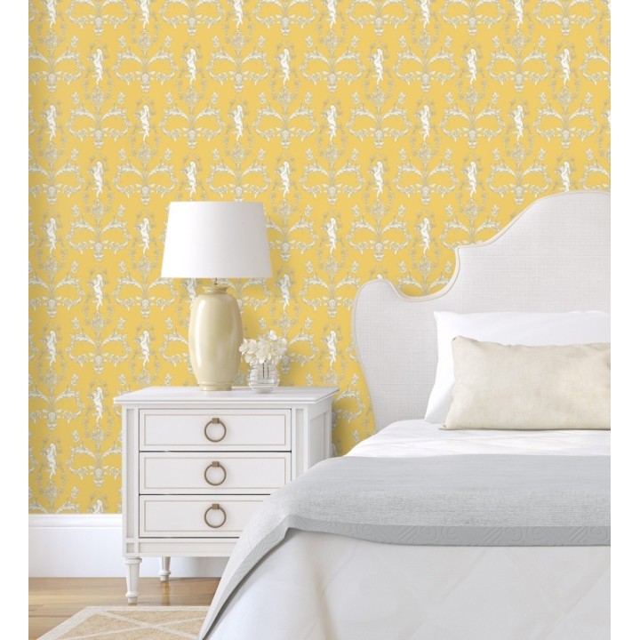 Papel pintado damasco de querubines fondo amarillo mostaza - Cupid Arcadian 684414