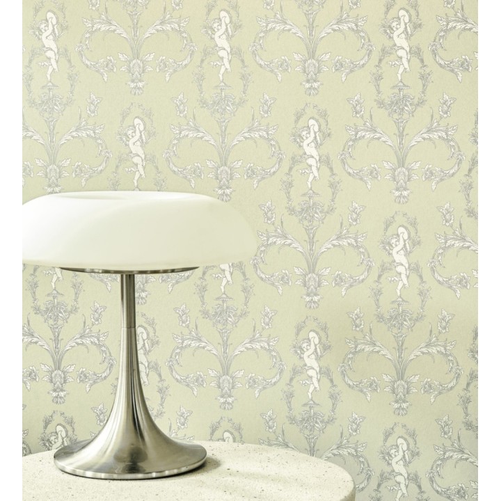 Papel pintado damasco de querubines fondo verde celadón - Cupid Arcadian 684416