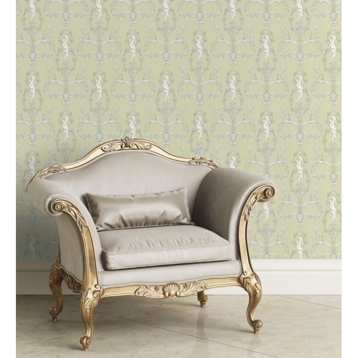 Papel pintado damasco de querubines fondo verde celadón - Cupid Arcadian 684416