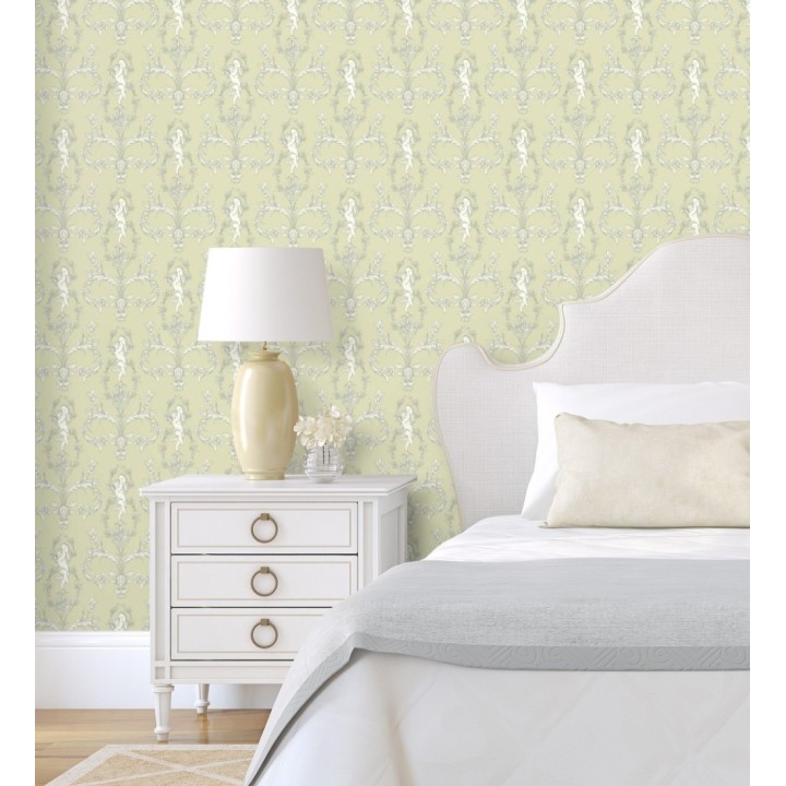 Papel pintado damasco de querubines fondo verde celadón - Cupid Arcadian 684416