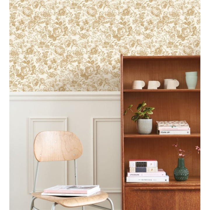 Papel pintado rosas vintage mostaza y crema - Rosa Engraved 684418