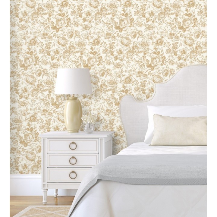 Papel pintado rosas vintage mostaza y crema - Rosa Engraved 684418