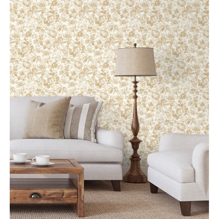 Papel pintado rosas vintage mostaza y crema - Rosa Engraved 684418