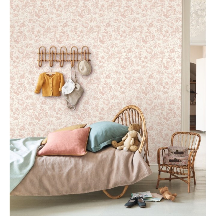 Papel pintado rosas vintage rosa pastel y crema - Rosa Engraved 684419