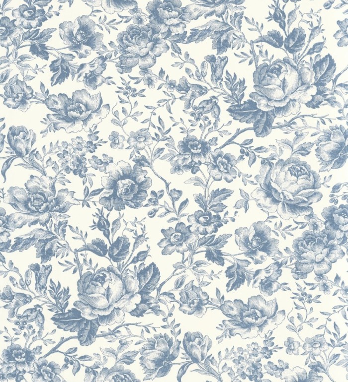 Papel pintado rosas vintage azul real y crema - Rosa Engraved 684420
