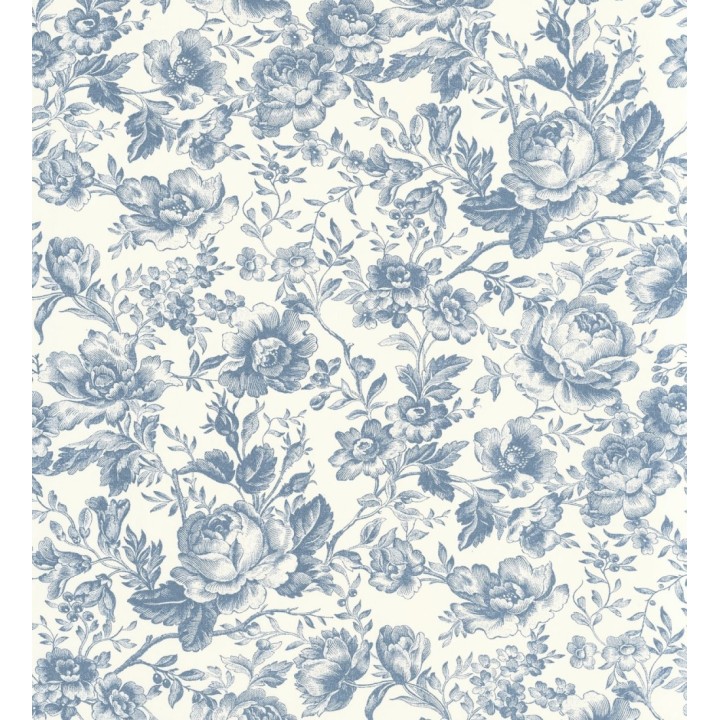 Papel pintado rosas vintage azul real y crema - Rosa Engraved 684420