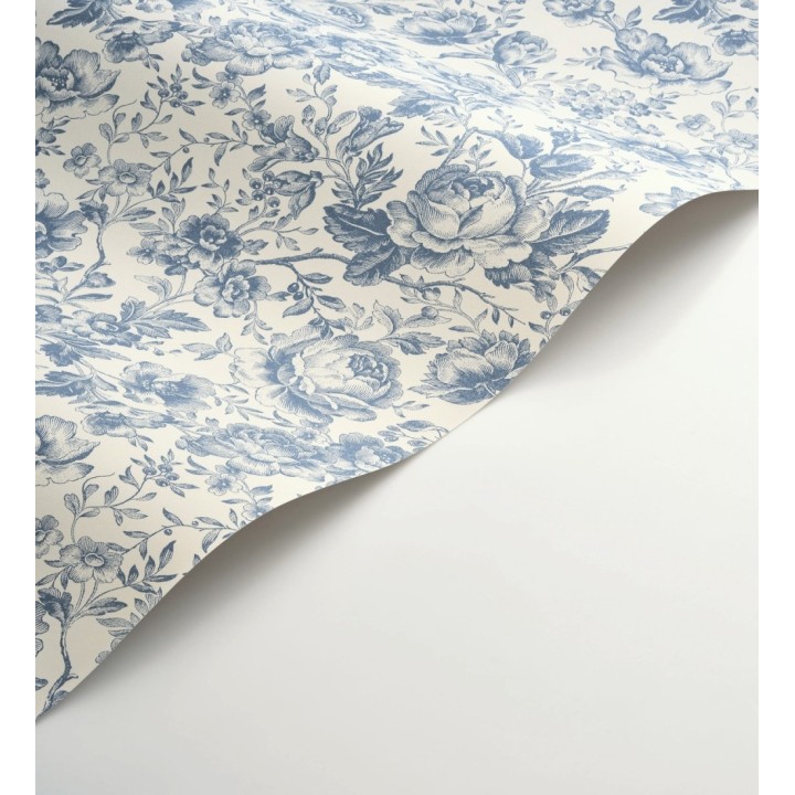 Papel pintado rosas vintage azul real y crema - Rosa Engraved 684420