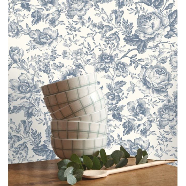 Papel pintado rosas vintage azul real y crema - Rosa Engraved 684420