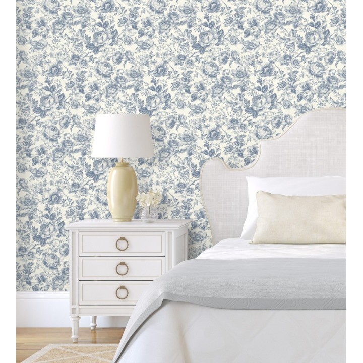 Papel pintado rosas vintage azul real y crema - Rosa Engraved 684420