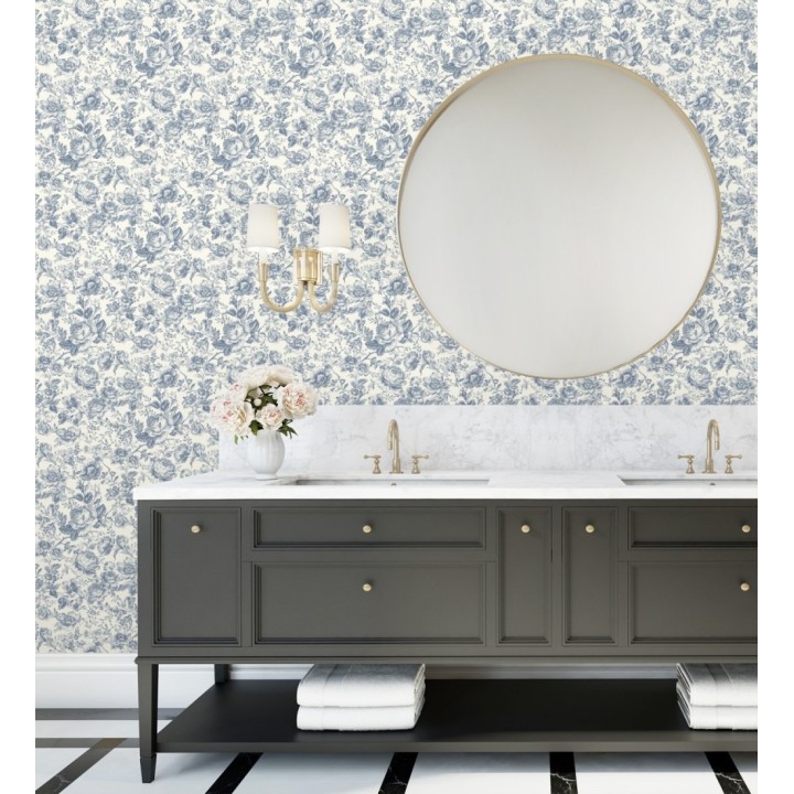 Papel pintado rosas vintage azul real y crema - Rosa Engraved 684420