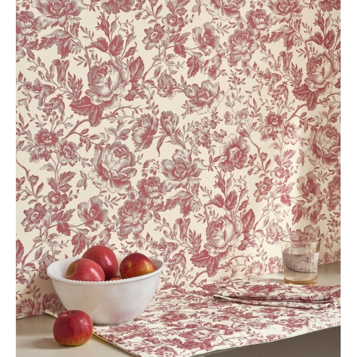 Papel pintado rosas vintage granate y crema - Rosa Engraved 684421