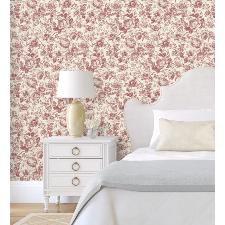 Papel pintado rosas vintage granate y crema - Rosa Engraved 684421