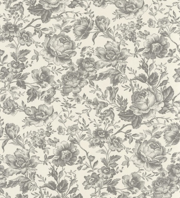 Papel pintado rosas vintage gris carbón y crema - Rosa Engraved 684422