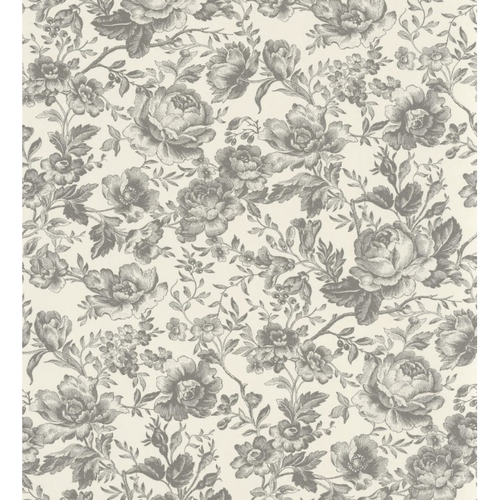 Papel pintado rosas vintage gris carbón y crema - Rosa Engraved 684422
