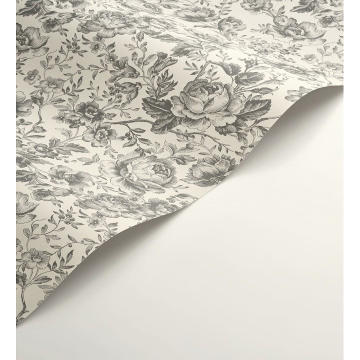 Papel pintado rosas vintage gris carbón y crema - Rosa Engraved 684422