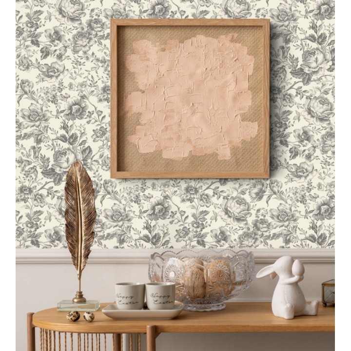 Papel pintado rosas vintage gris carbón y crema - Rosa Engraved 684422
