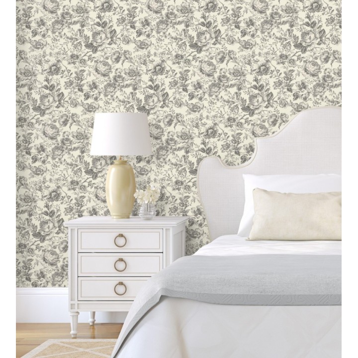 Papel pintado rosas vintage gris carbón y crema - Rosa Engraved 684422