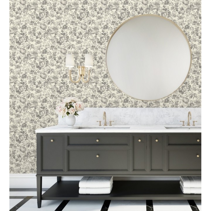 Papel pintado rosas vintage gris carbón y crema - Rosa Engraved 684422