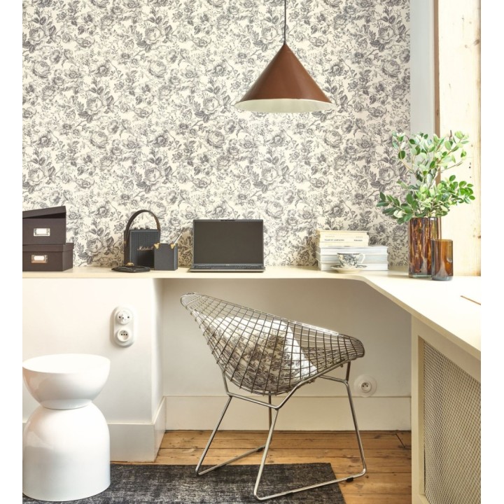 Papel pintado rosas vintage gris carbón y crema - Rosa Engraved 684422