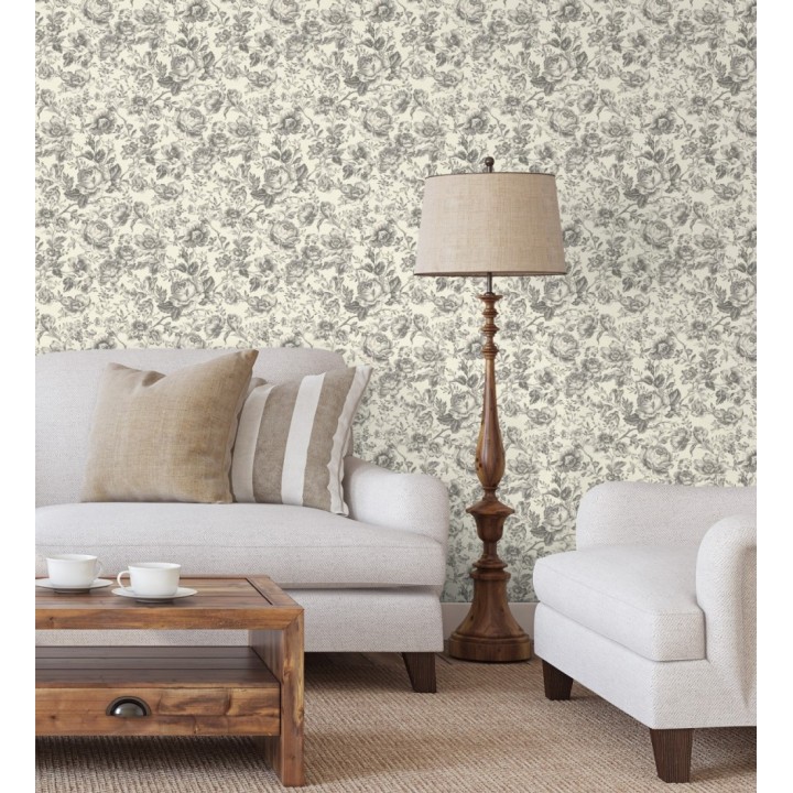 Papel pintado rosas vintage gris carbón y crema - Rosa Engraved 684422