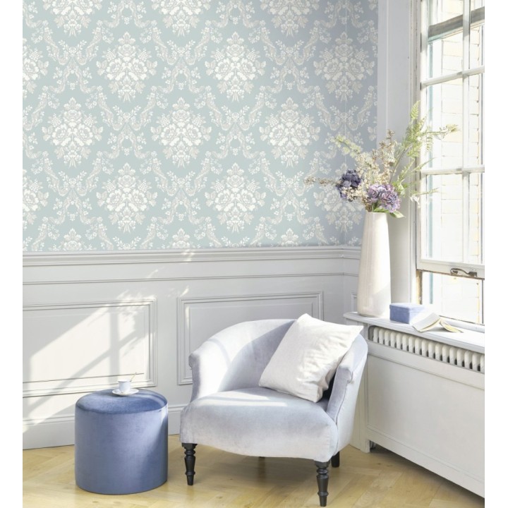 Papel pintado damasco azul reina empolvado estilo romántico - Adelheid Ornate 684427