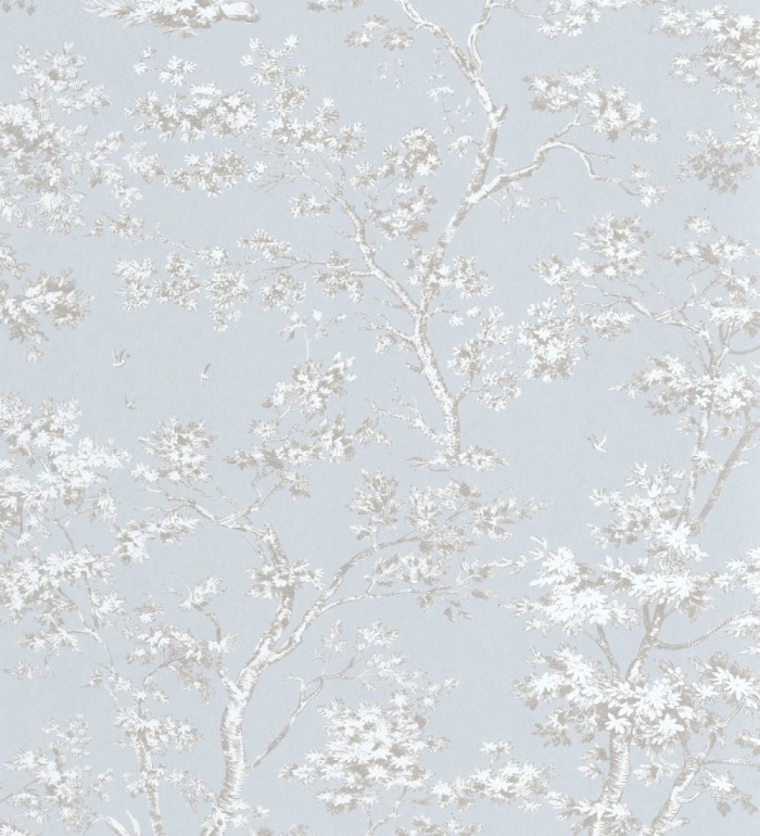 Papel pintadode árboles y ramas estilo toile de jouy fondo azul glaciar - Nantes Arboreal 684431