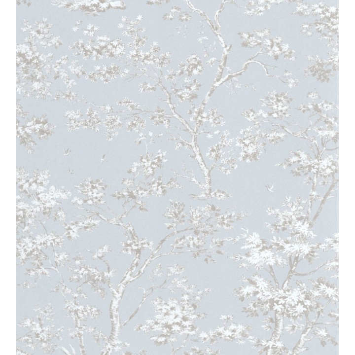 Papel pintadode árboles y ramas estilo toile de jouy fondo azul glaciar - Nantes Arboreal 684431