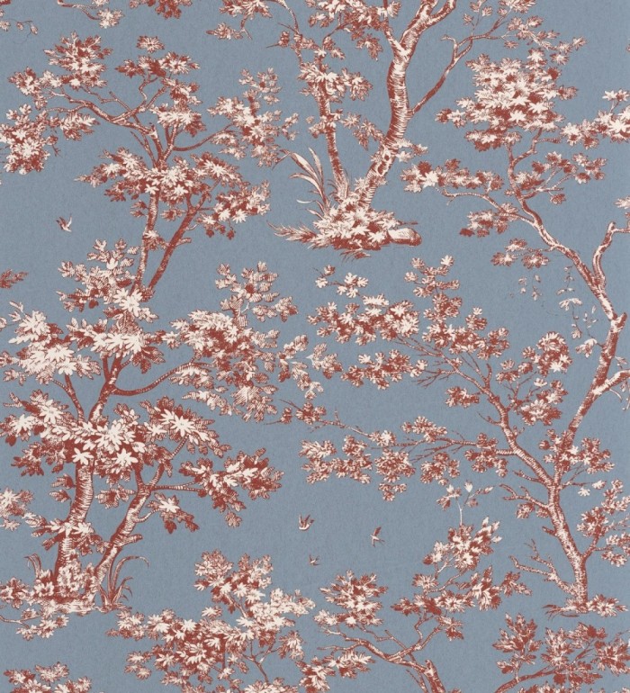Papel pintadode árboles y ramas estilo toile de jouy fondo azul crepúsculo - Nantes Arboreal 684432
