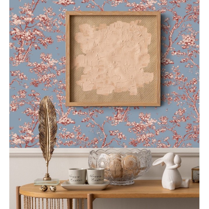 Papel pintadode árboles y ramas estilo toile de jouy fondo azul crepúsculo - Nantes Arboreal 684432