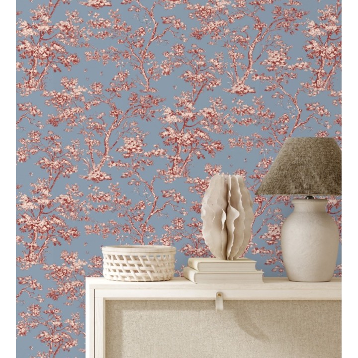 Papel pintadode árboles y ramas estilo toile de jouy fondo azul crepúsculo - Nantes Arboreal 684432