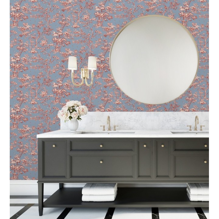 Papel pintadode árboles y ramas estilo toile de jouy fondo azul crepúsculo - Nantes Arboreal 684432