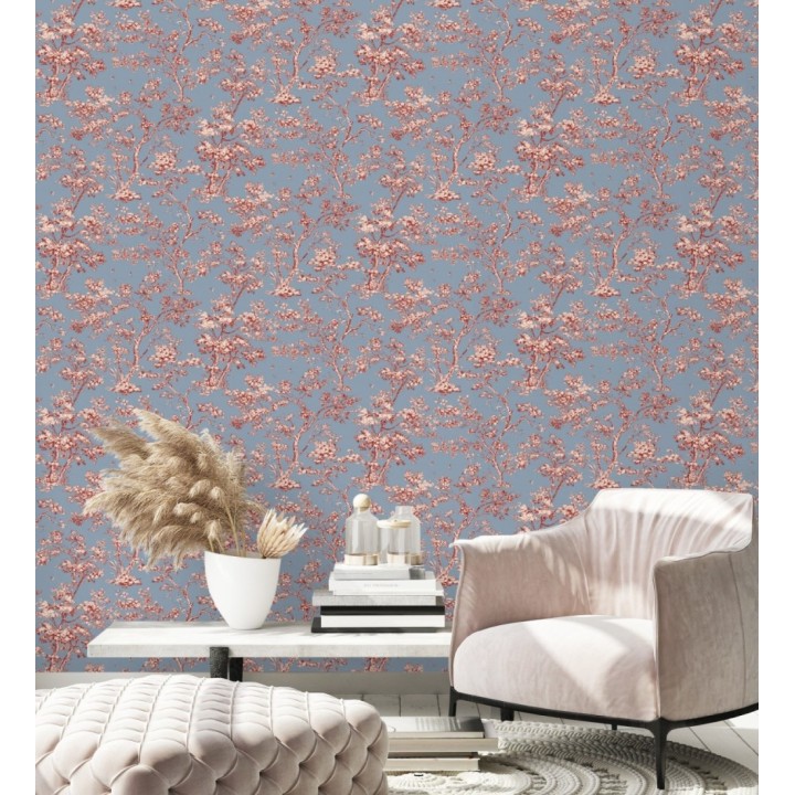 Papel pintadode árboles y ramas estilo toile de jouy fondo azul crepúsculo - Nantes Arboreal 684432