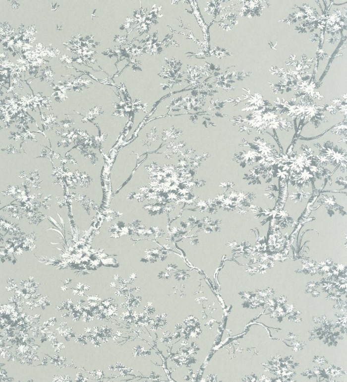 Papel pintadode árboles y ramas estilo toile de jouy fondo verde celadón - Nantes Arboreal 684433