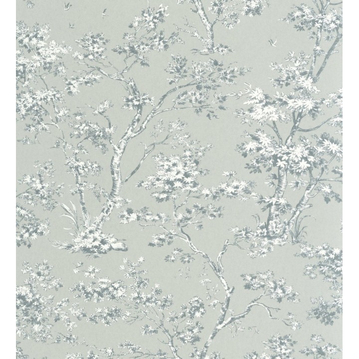 Papel pintadode árboles y ramas estilo toile de jouy fondo verde celadón - Nantes Arboreal 684433