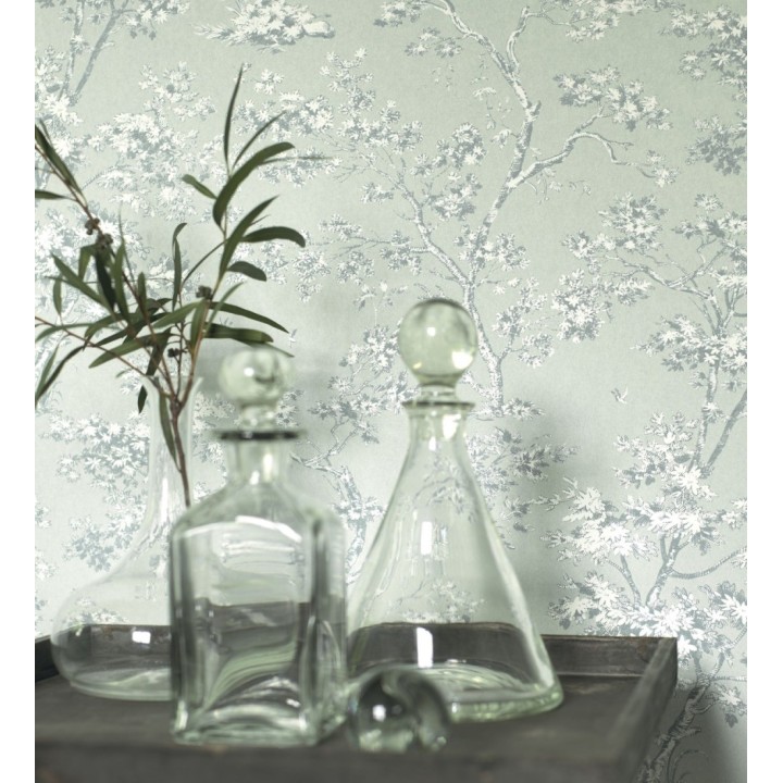 Papel pintadode árboles y ramas estilo toile de jouy fondo verde celadón - Nantes Arboreal 684433
