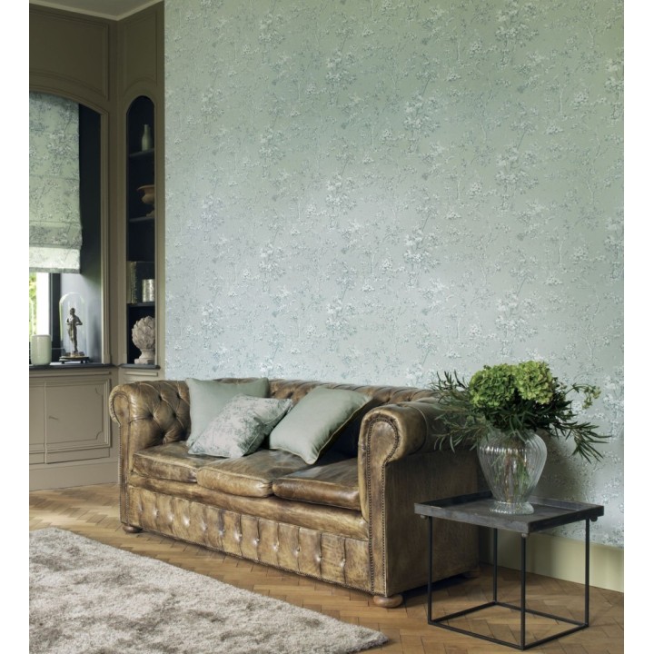 Papel pintadode árboles y ramas estilo toile de jouy fondo verde celadón - Nantes Arboreal 684433