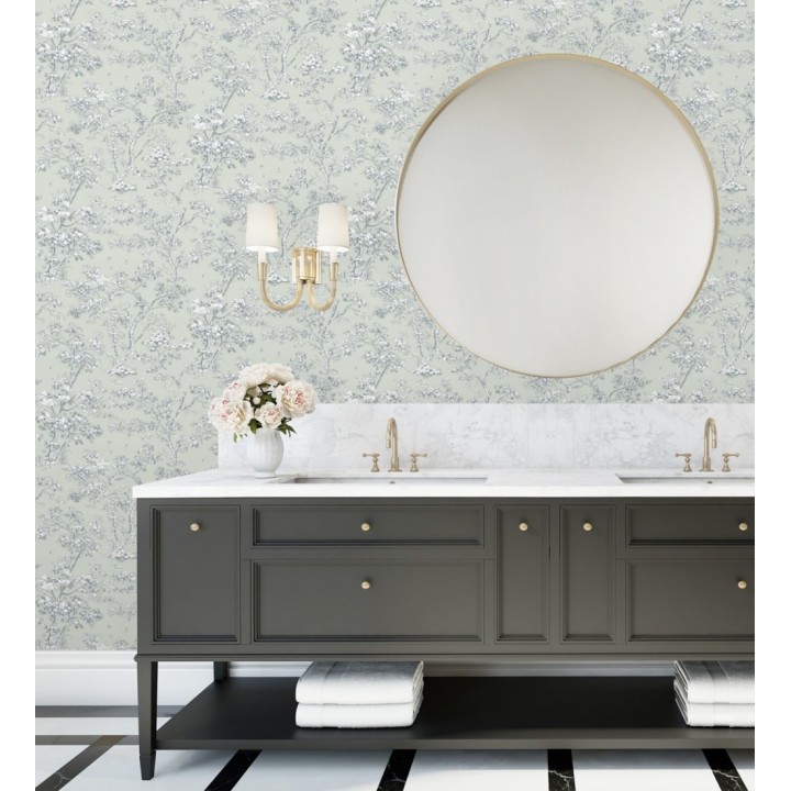 Papel pintadode árboles y ramas estilo toile de jouy fondo verde celadón - Nantes Arboreal 684433